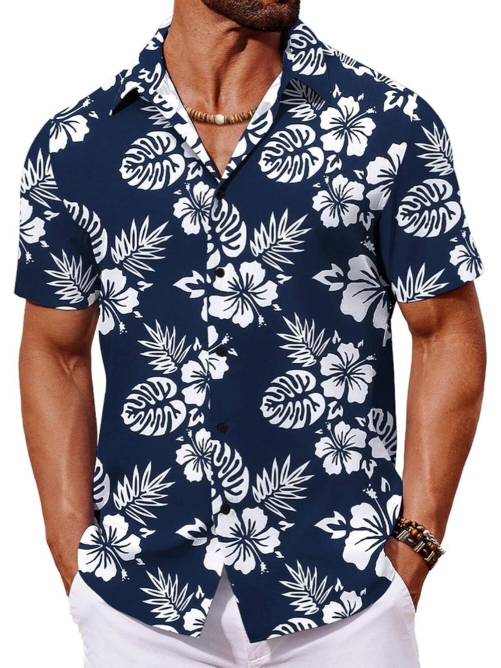 Men's Navy 1 Hawaiian Short Sleeve Tropical Floral Summer Button Down Shirts